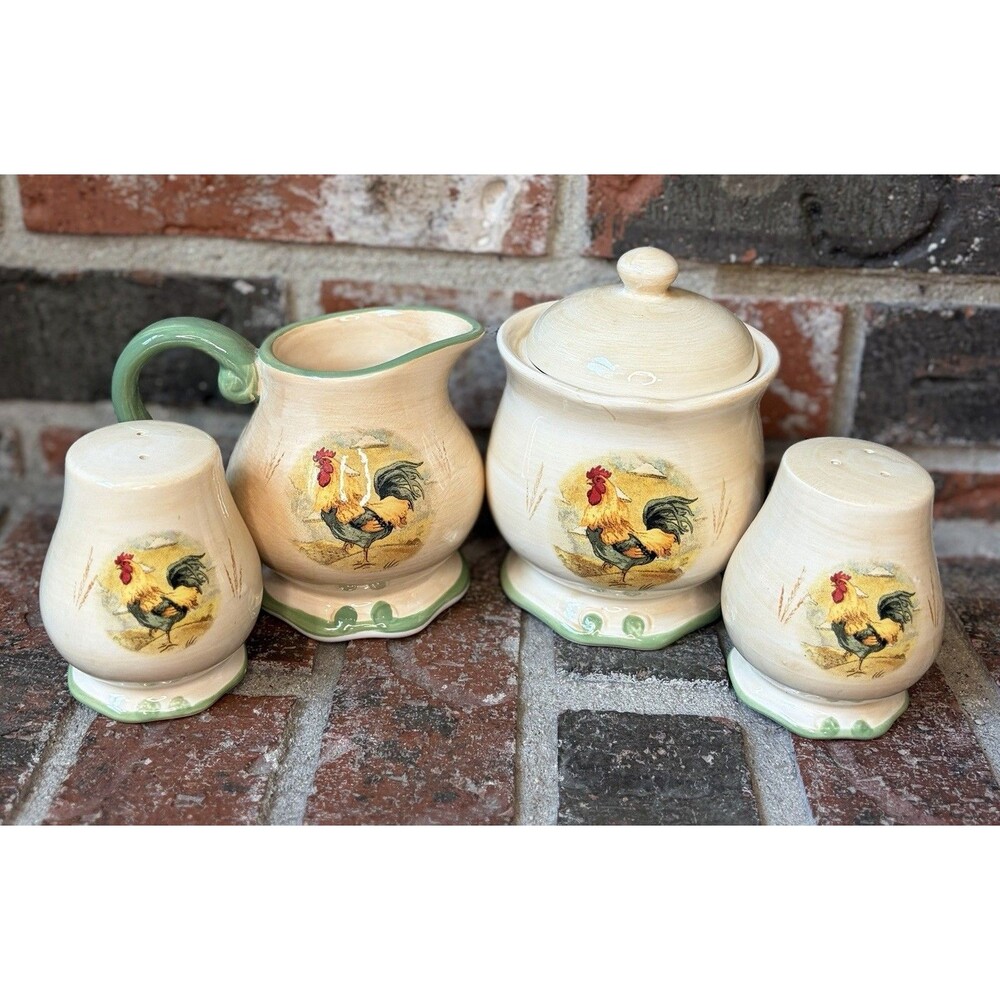 4 Piece Set. Gibson Handpainted Royal Rooster Sugar/Creamer Salt/Pepper Set